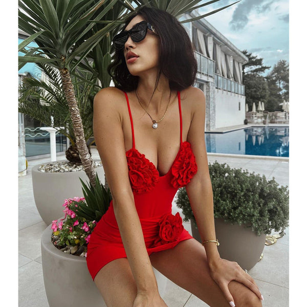 Red Solid High Cut One Piece Swimsuit With Beach Skirt