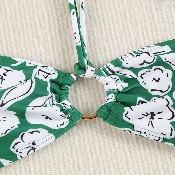 Flower Print Halter Neck Front Ring Two Piece High Waist Bikini Green