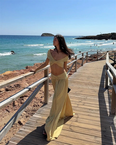 Gold Solid One Shoulder Bikini Set With Beach Skirt