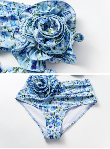 Floral Print Flower Décor Shoulder Straps One-Piece Swimsuit with Sarong Blue