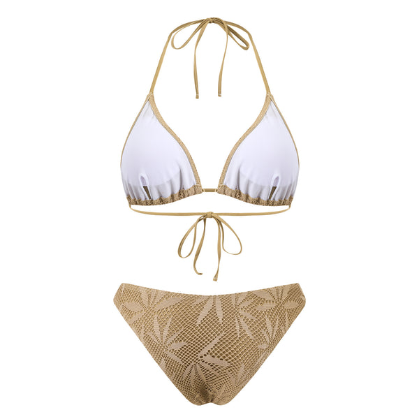 Brown Mesh Print Halter Bikini Set With Maxi Cover Up