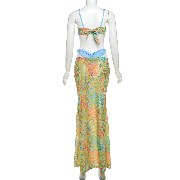 Multicolor Paisley Brazilian Bikini Set With Beach Skirt Without Pads