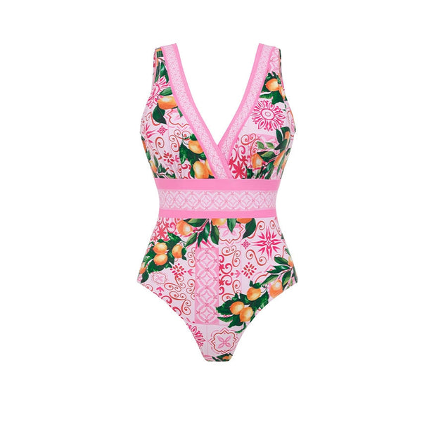 Pink Fruit Print Deep V One Piece Swimsuit With Beach Skirt
