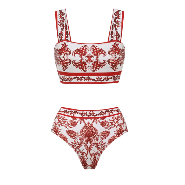 Red Majolica print High Waisted Bikini Set With Beach Skirt