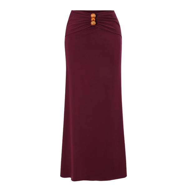 Maroon Solid Cut Out One Piece Swimsuit With Beach Skirt