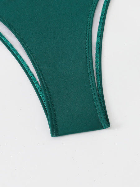Random Print Halter Neck Four Piece Bikini Swimsuit Green