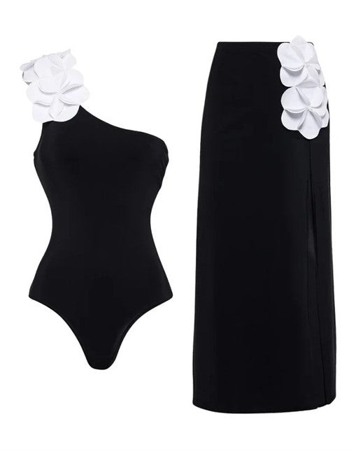 Black Soild One-Shoulder One-Piece Swimsuit Beach Skirt 