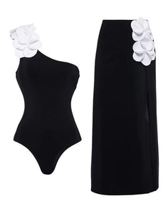 Black Soild One-Shoulder One-Piece Swimsuit Beach Skirt 