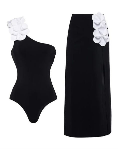 Black Soild One-Shoulder One-Piece Swimsuit Beach Skirt 