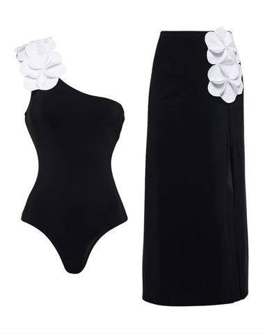 Black Soild One-Shoulder One-Piece Swimsuit Beach Skirt 