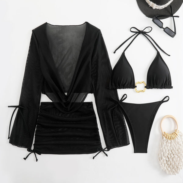 Solid Beachwear Set Bikini with Long Sleeve Cover-Up & Mini Skirt Black