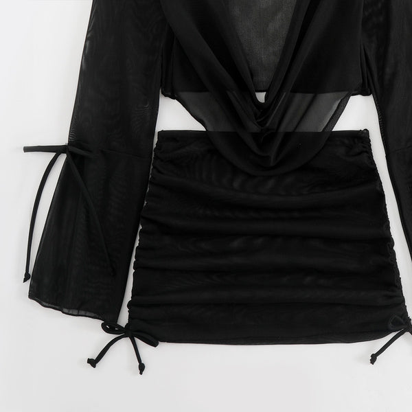 Solid Beachwear Set Bikini with Long Sleeve Cover-Up & Mini Skirt Black
