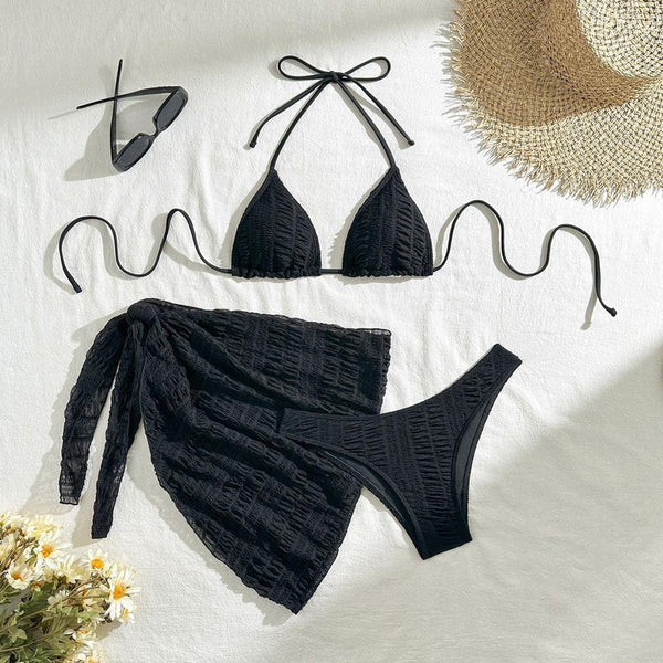 Halter Neck Lace Up Triangle Three Piece Swimwear with Sarong Black