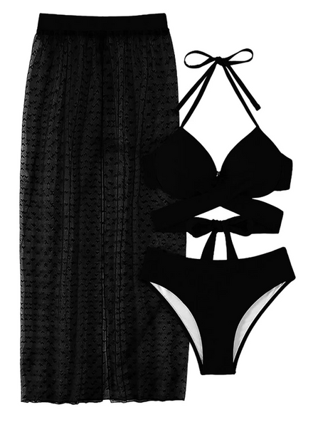 Wrap Cross Tie Back Push Up Bikini Set With Beach Skirt Black