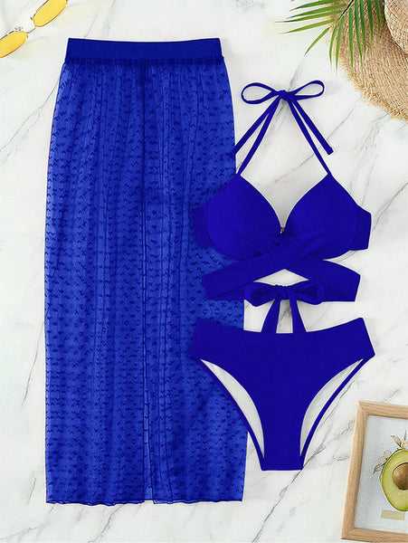 Wrap Cross Tie Back Push Up Bikini Set With Beach Skirt Blue