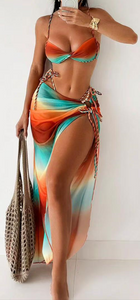 Multicolor Solid Bikini Set Sarong  Without Pads