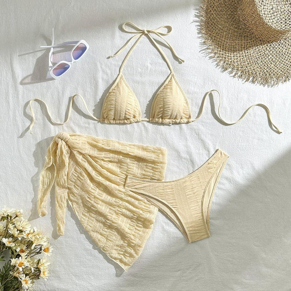 Halter Neck Lace Up Triangle Three Piece Swimwear with Sarong Cream