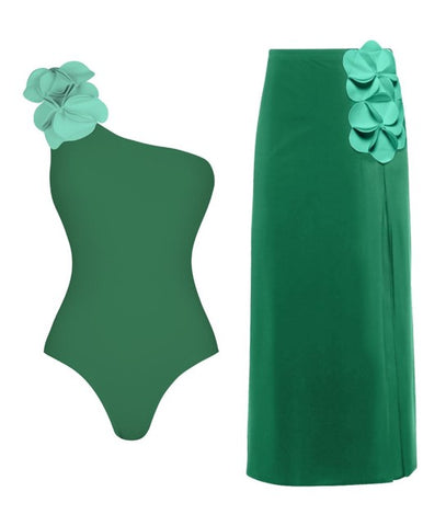 Green Soild One-Shoulder One-Piece Swimsuit With Beach Skirt