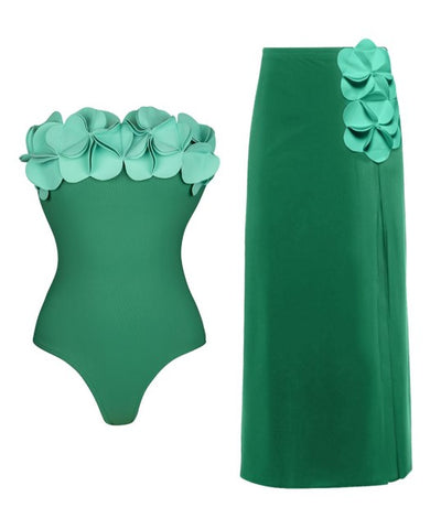 Green Soild Strapless Swimsuit with Beach Skirt 