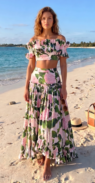 Multicolor Tropical Ruffle Bikini Set With Beach Skirt