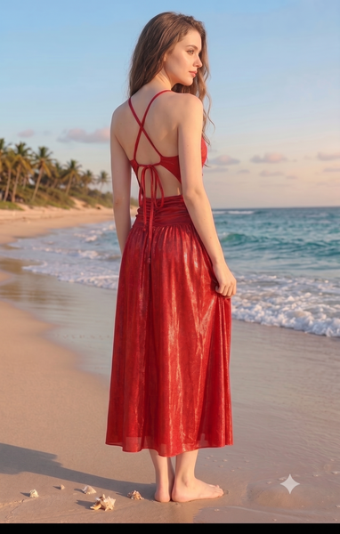 Red Solid Deep V One-Piece Swimsuit With Beach Skirt