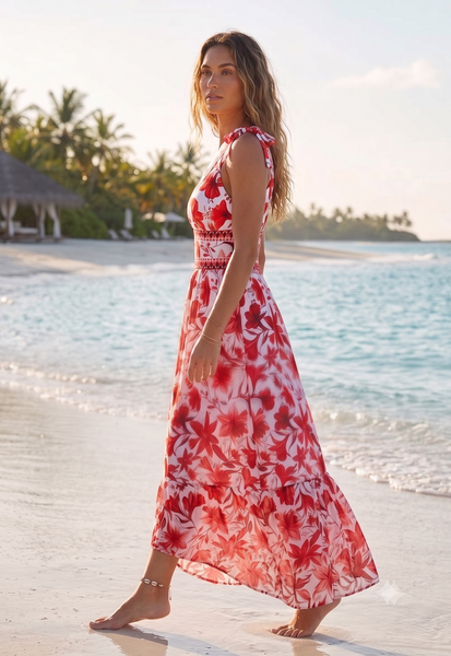 Red Floral One Piece Swimsuit With Maxi Cover Up