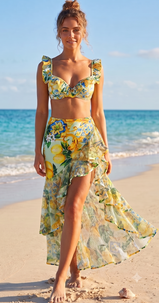 Yellow Fruit Print Underwire Bikini Set With Sarong