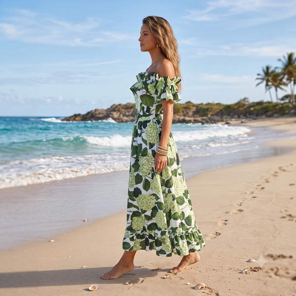 Green Tropical Off Shoulder One Piece Swimsuit With Beach Skirt