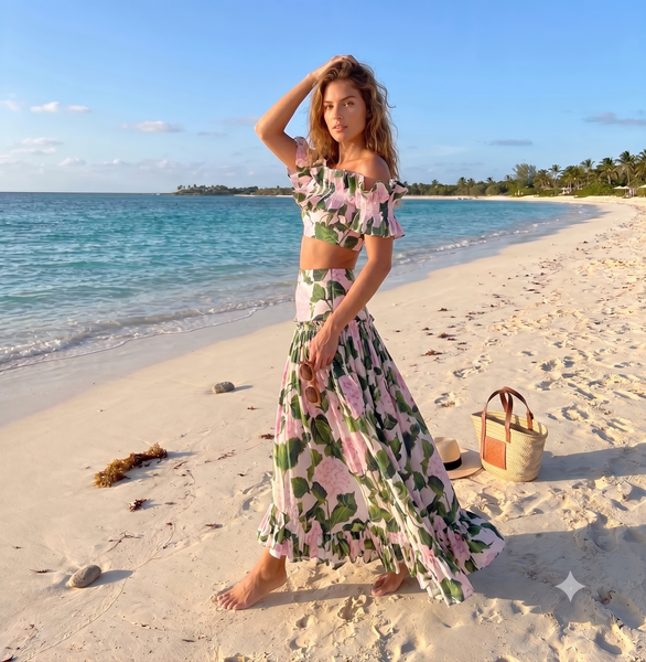 Multicolor Tropical Ruffle Bikini Set With Beach Skirt