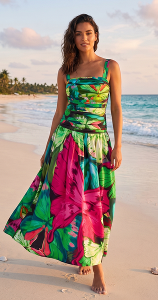 Green Tropical Tummy Control Swimsuit With Beach Skirt