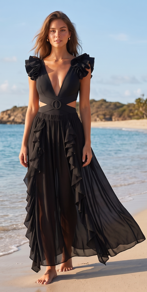 Black Solid Ruffle One Piece Swimsuit With Beach Skirt