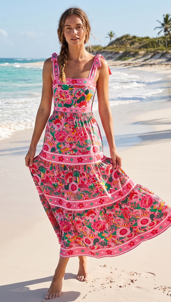 Pink Tropical Monokini Swimsuit With Beach Skirt