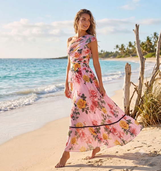 Light Pink Floral One Shoulder One Piece Swimsuit With Beach Skirt