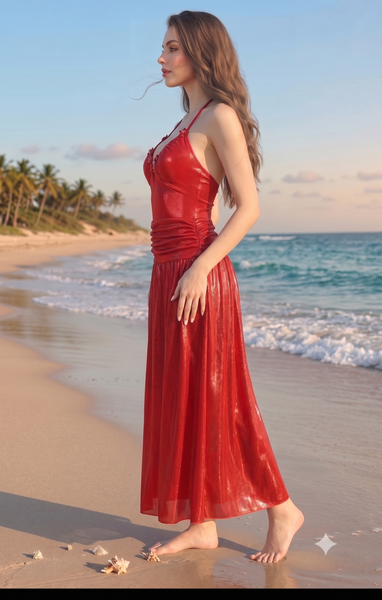 Red Solid Deep V One-Piece Swimsuit With Beach Skirt