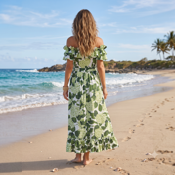 Green Tropical Off Shoulder One Piece Swimsuit With Beach Skirt