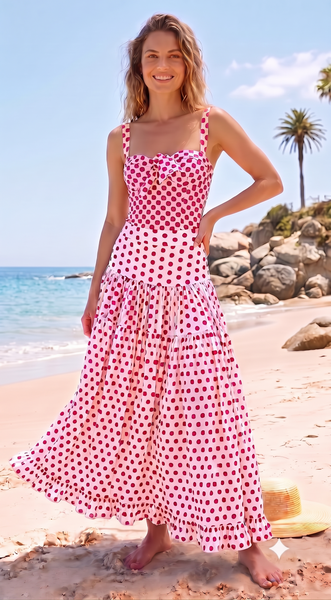 Red Polka Dots Tie Front One Piece Swimsuit With Maxi Cover Up