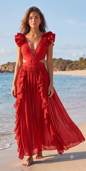 Red Solid Ruffle One Piece Swimsuit With Beach Skirt
