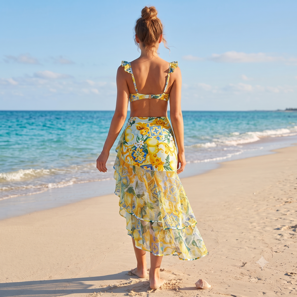 Yellow Fruit Print Underwire Bikini Set With Sarong