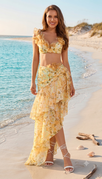 Yellow Tropical Bikini Set With Sarong