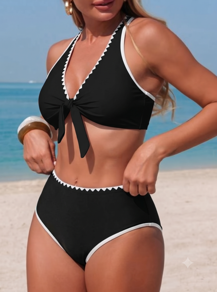Black Solid Tie Front Bikini Set