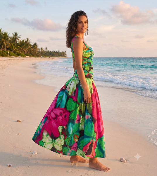 Green Tropical Tummy Control Swimsuit With Beach Skirt