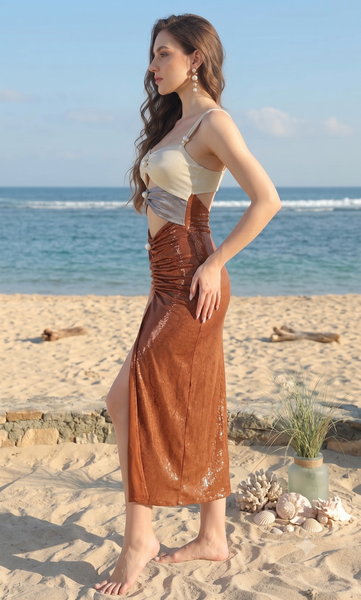 Multicolor Colorblock One Piece Swimsuit With Beach Skirt