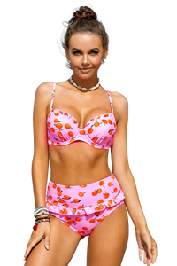 Pink Fruit Print Ruffled Detail High Waisted Swimsuit