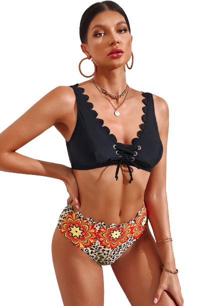 Black Tribal Pattern Print Scalloped Lace-up High Waist Bikini Swimsuit