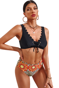 Black Tribal Pattern Print Scalloped Lace-up High Waist Bikini Swimsuit