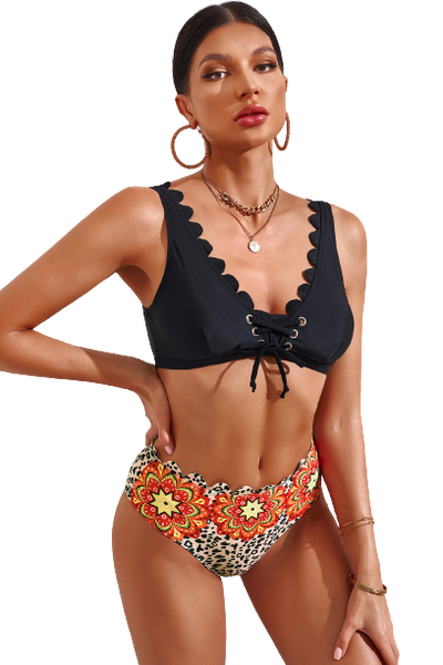 Black Tribal Pattern Print Scalloped Lace-up High Waist Bikini Swimsuit