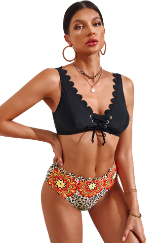 Black Tribal Pattern Print Scalloped Lace-up High Waist Bikini Swimsuit