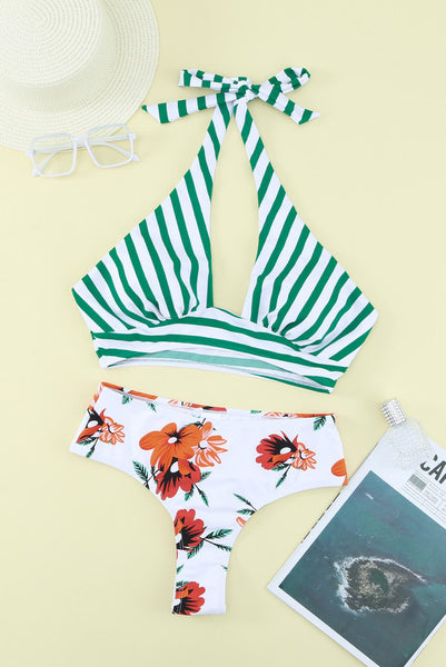 Striped Floral Print Backless Halter Neck Bikini Set
