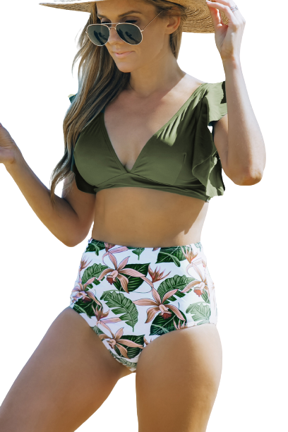 Green Floral Ruffled Hem High Waist Bikini Set