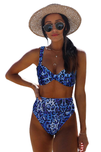 Blue Leopard Knotted Push up High Waisted Swimsuit
